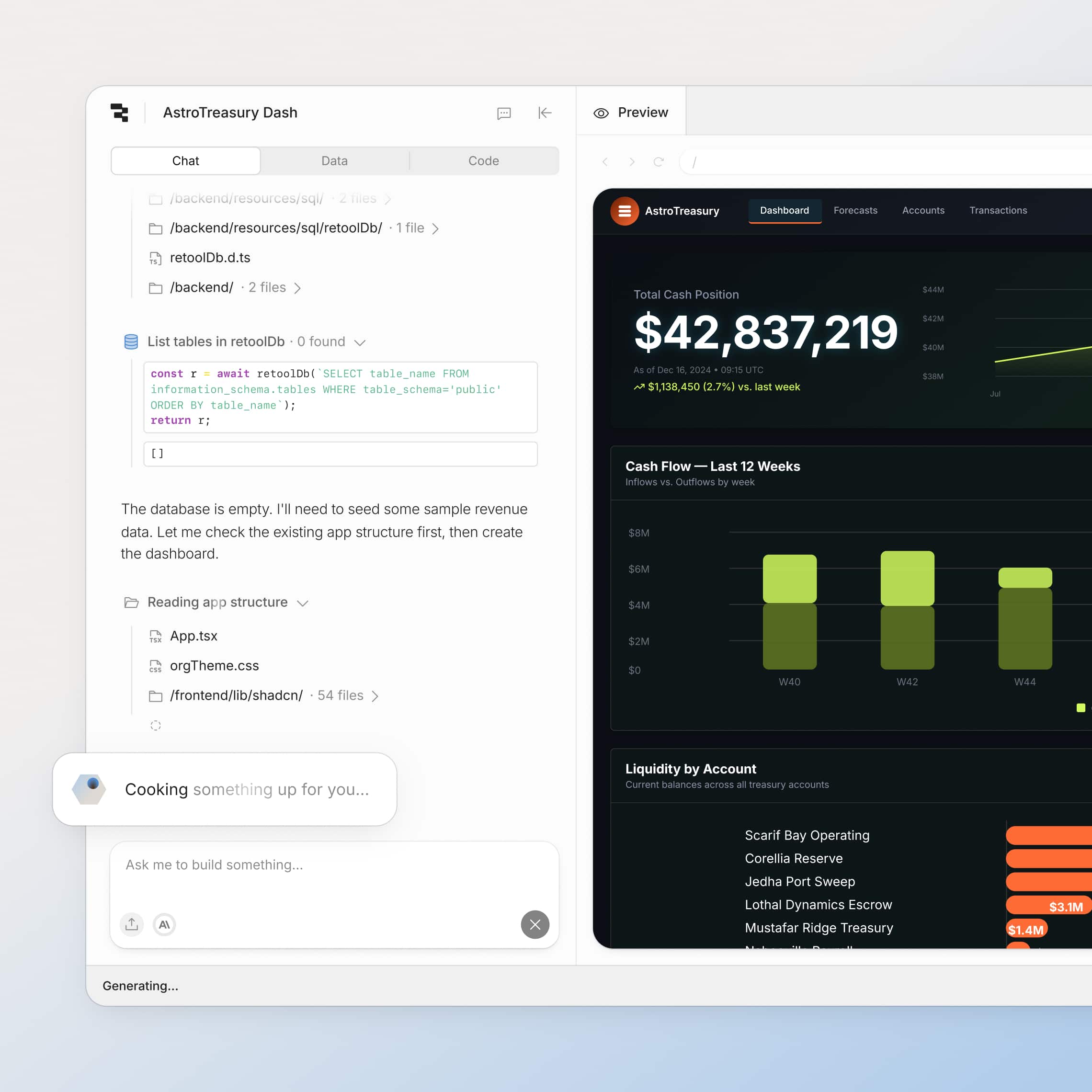 The app builder interface showing a chat-driven session with the AI assistant building the app on the left while a live preview renders a dark-themed financial dashboard on the right.