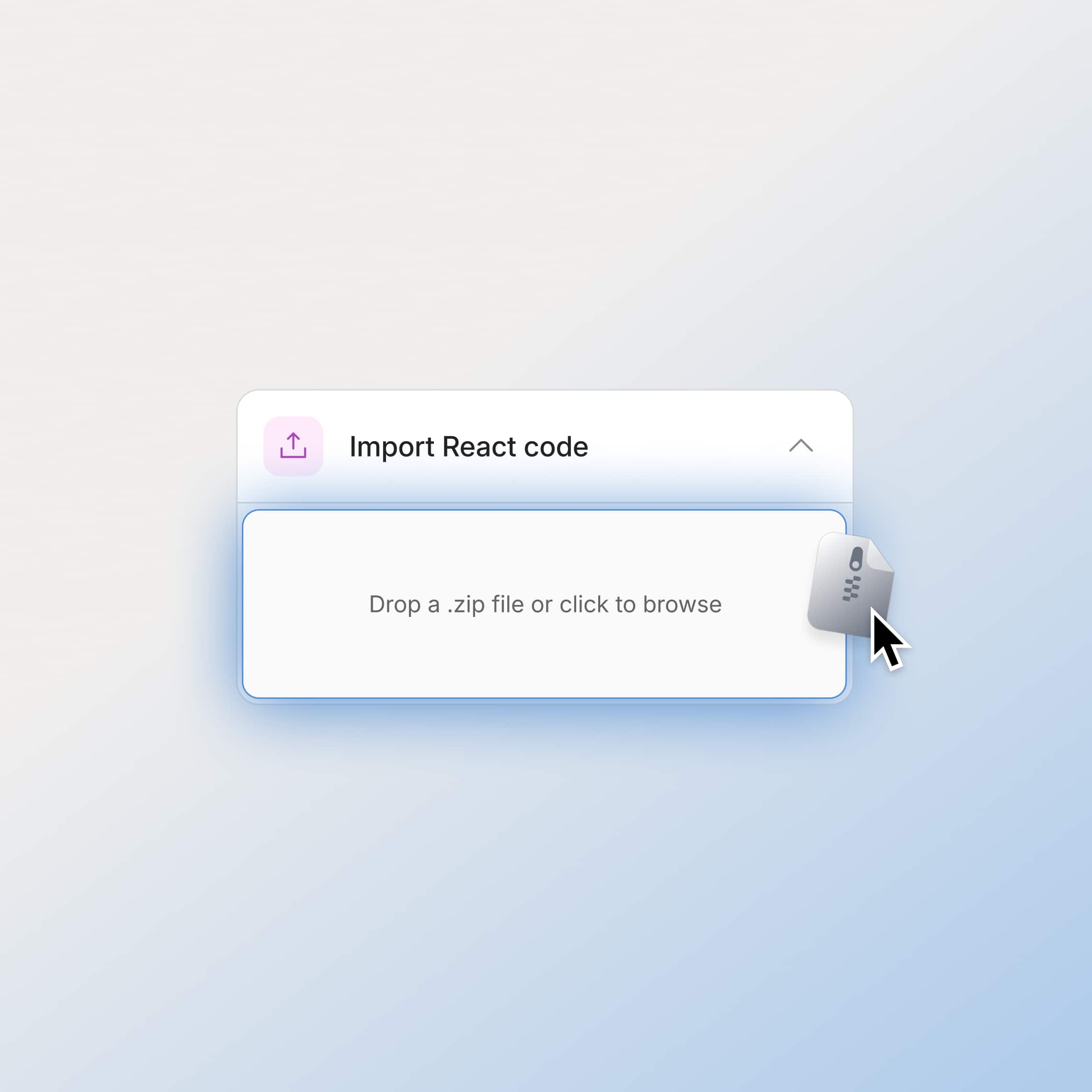 The Retool interface showing an "Import React code" panel with a drag-and-drop zone for uploading a .zip file.